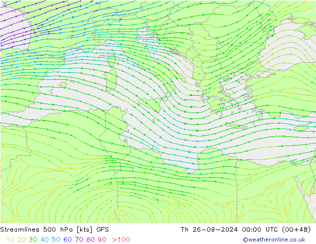 Linea di flusso 500 hPa GFS gio 26.09.2024 00 UTC