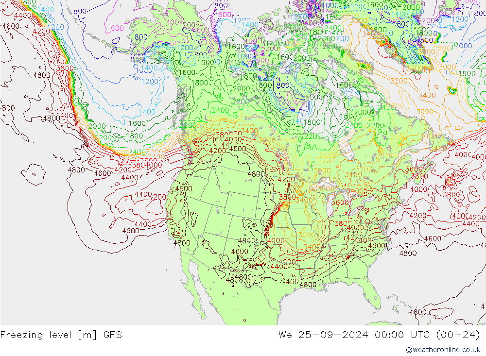 Freezing level GFS ср 25.09.2024 00 UTC