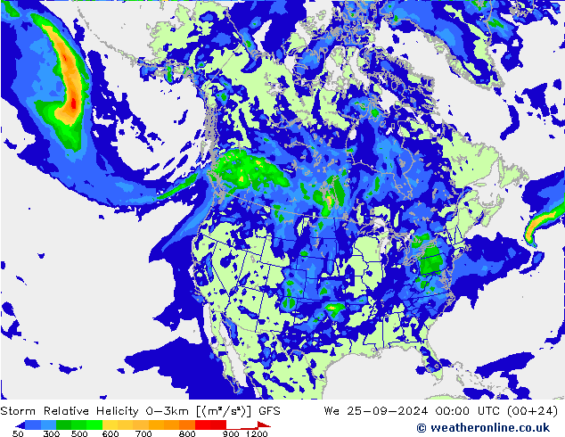 Storm Relative Helicity GFS śro. 25.09.2024 00 UTC