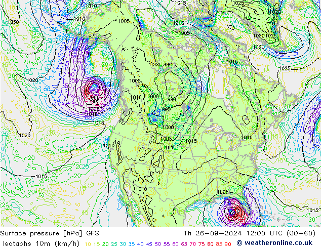 Isotachs (kph) GFS Qui 26.09.2024 12 UTC