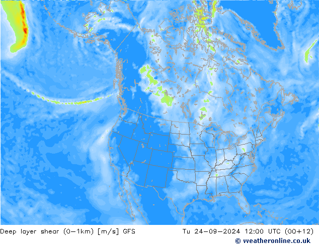 Deep layer shear (0-1km) GFS Tu 24.09.2024 12 UTC