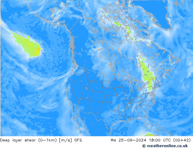 Deep layer shear (0-1km) GFS mié 25.09.2024 18 UTC