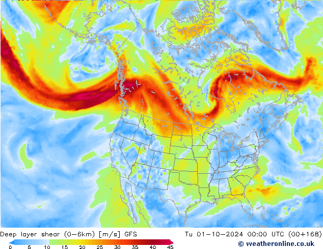 Deep layer shear (0-6km) GFS Út 01.10.2024 00 UTC