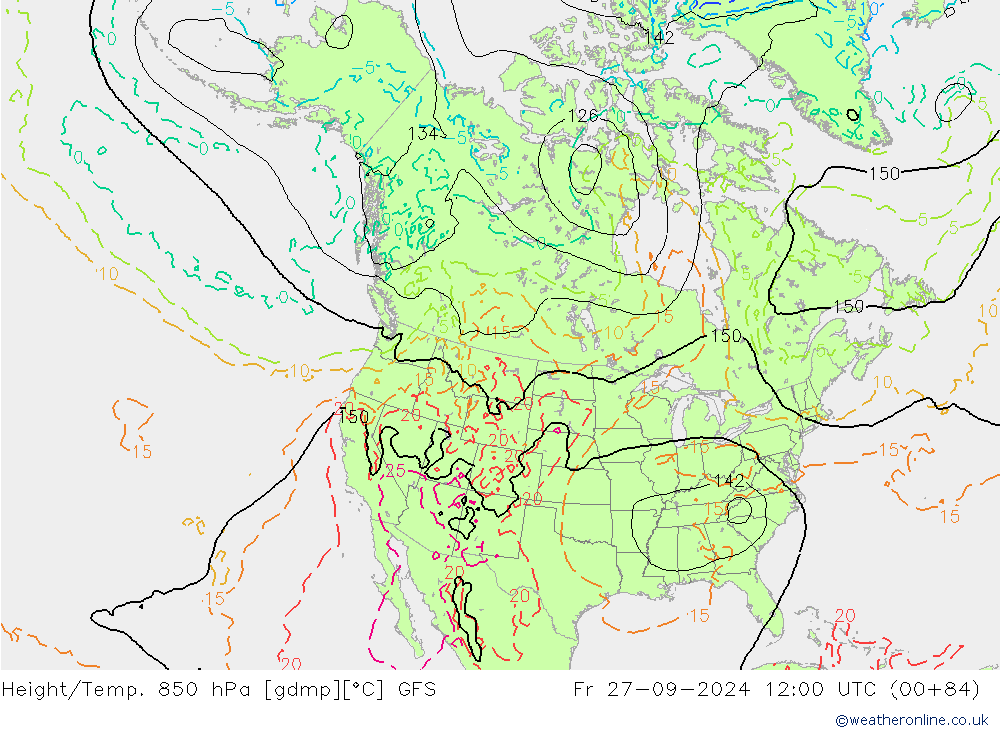 Geop./Temp. 850 hPa GFS vie 27.09.2024 12 UTC