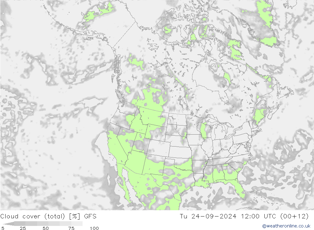 Cloud cover (total) GFS Tu 24.09.2024 12 UTC