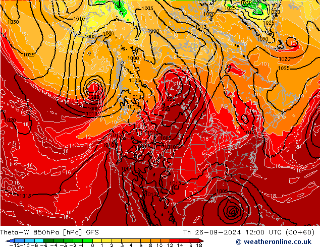 Theta-W 850hPa GFS czw. 26.09.2024 12 UTC