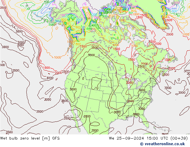 Wet bulb zero level GFS ср 25.09.2024 15 UTC