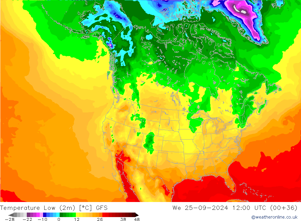 Temp. minima (2m) GFS mer 25.09.2024 12 UTC