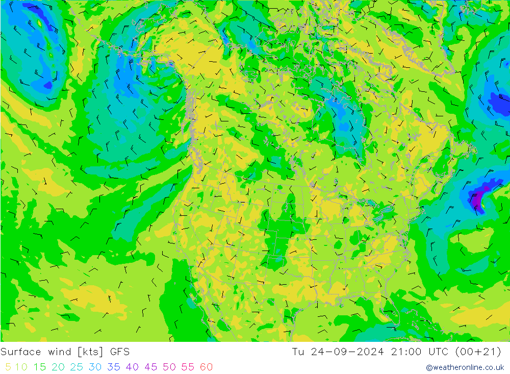 ветер 10 m GFS вт 24.09.2024 21 UTC