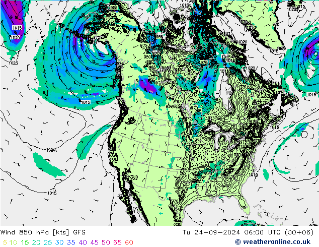 Wind 850 hPa GFS Út 24.09.2024 06 UTC