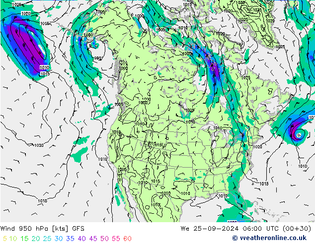 Vento 950 hPa GFS mer 25.09.2024 06 UTC