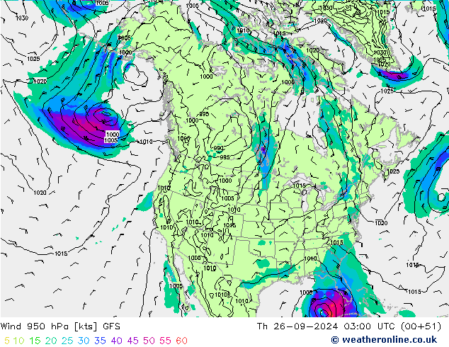 Vento 950 hPa GFS gio 26.09.2024 03 UTC