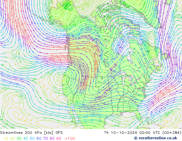 Streamlines 200 hPa GFS Th 10.10.2024 00 UTC