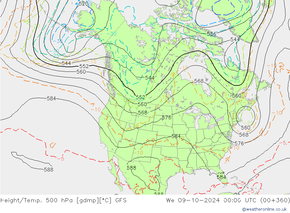 Z500/Rain (+SLP)/Z850 GFS mié 09.10.2024 00 UTC