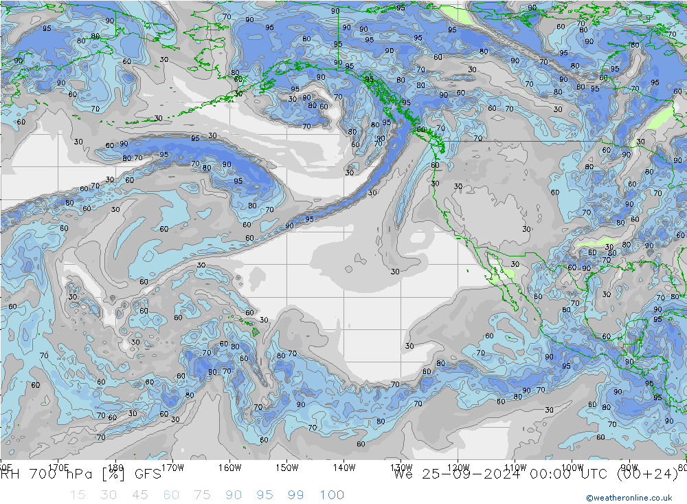 Humidité rel. 700 hPa GFS mer 25.09.2024 00 UTC