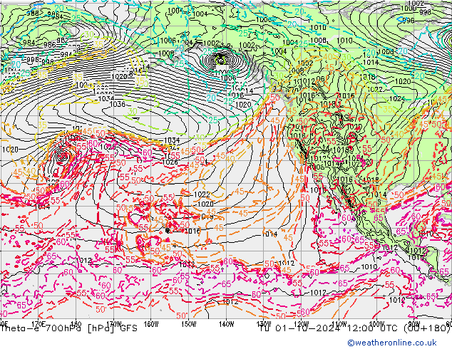 Theta-e 700hPa GFS Tu 01.10.2024 12 UTC