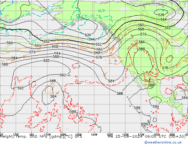 Z500/Rain (+SLP)/Z850 GFS śro. 25.09.2024 06 UTC