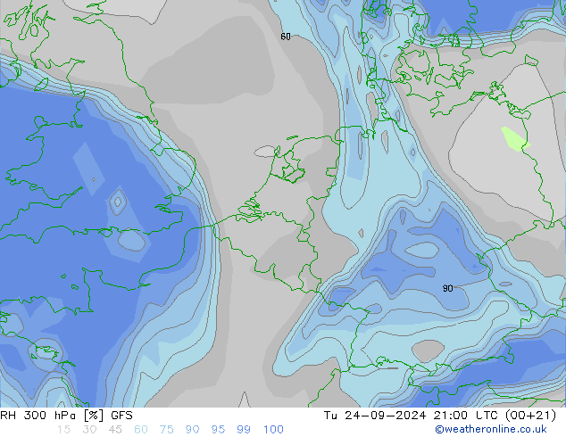 Humidité rel. 300 hPa GFS mar 24.09.2024 21 UTC