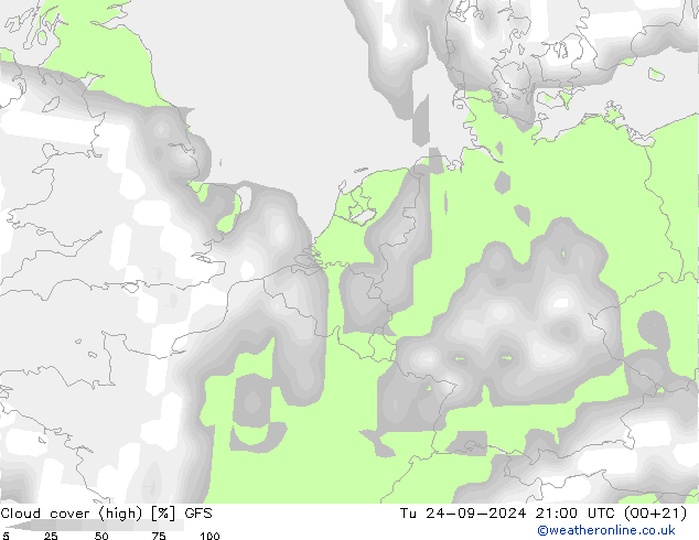 Cloud cover (high) GFS Tu 24.09.2024 21 UTC