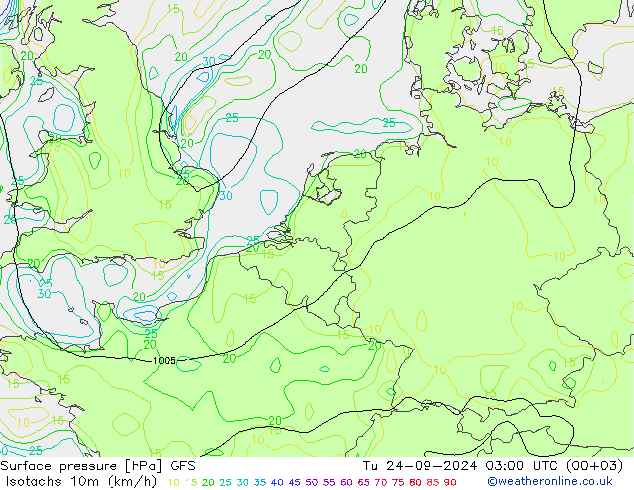 Isotachen (km/h) GFS di 24.09.2024 03 UTC