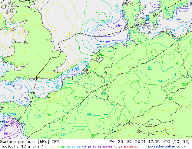 Eşrüzgar Hızları (km/sa) GFS Çar 25.09.2024 12 UTC