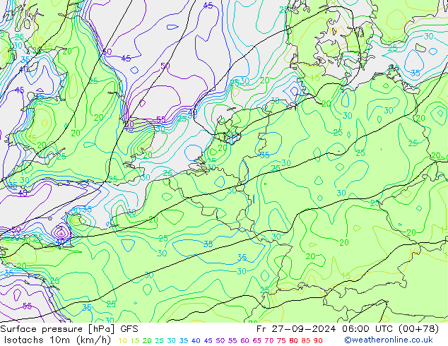 Isotaca (kph) GFS vie 27.09.2024 06 UTC