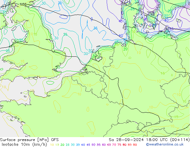 Isotachs (kph) GFS Sáb 28.09.2024 18 UTC