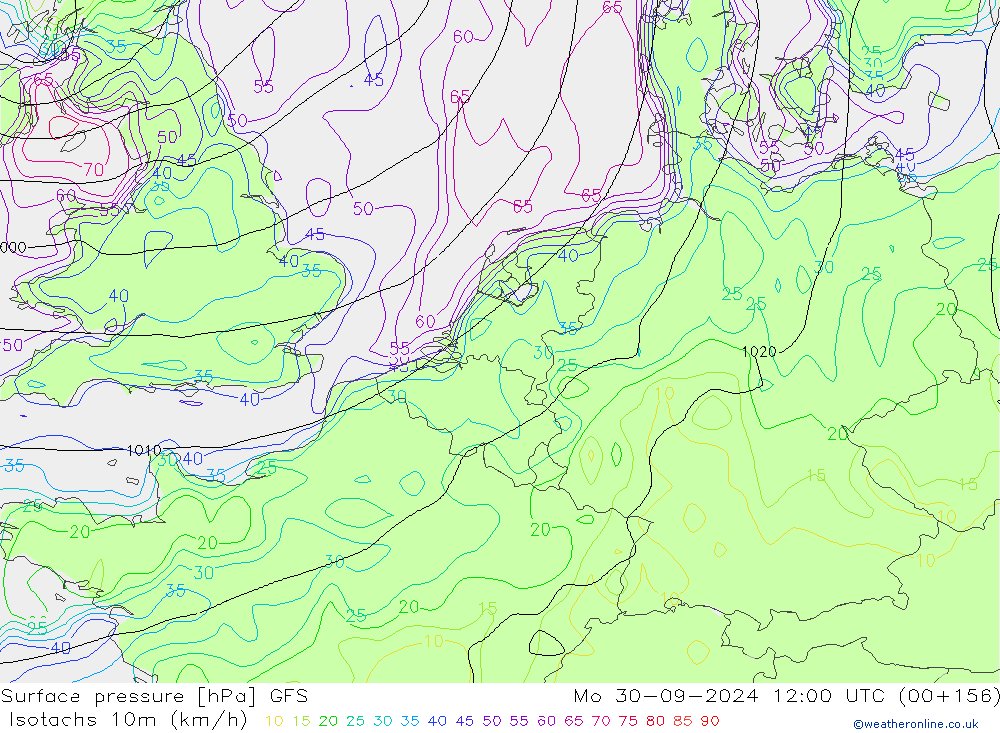 Izotacha (km/godz) GFS pon. 30.09.2024 12 UTC