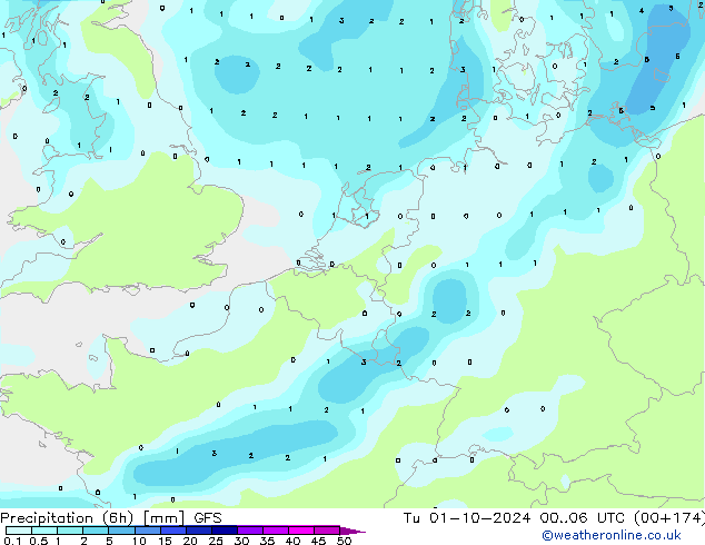 Precipitation (6h) GFS Út 01.10.2024 06 UTC