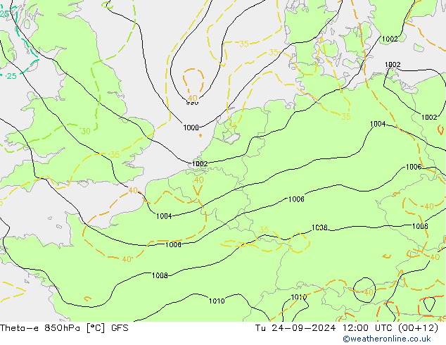 Theta-e 850hPa GFS Út 24.09.2024 12 UTC