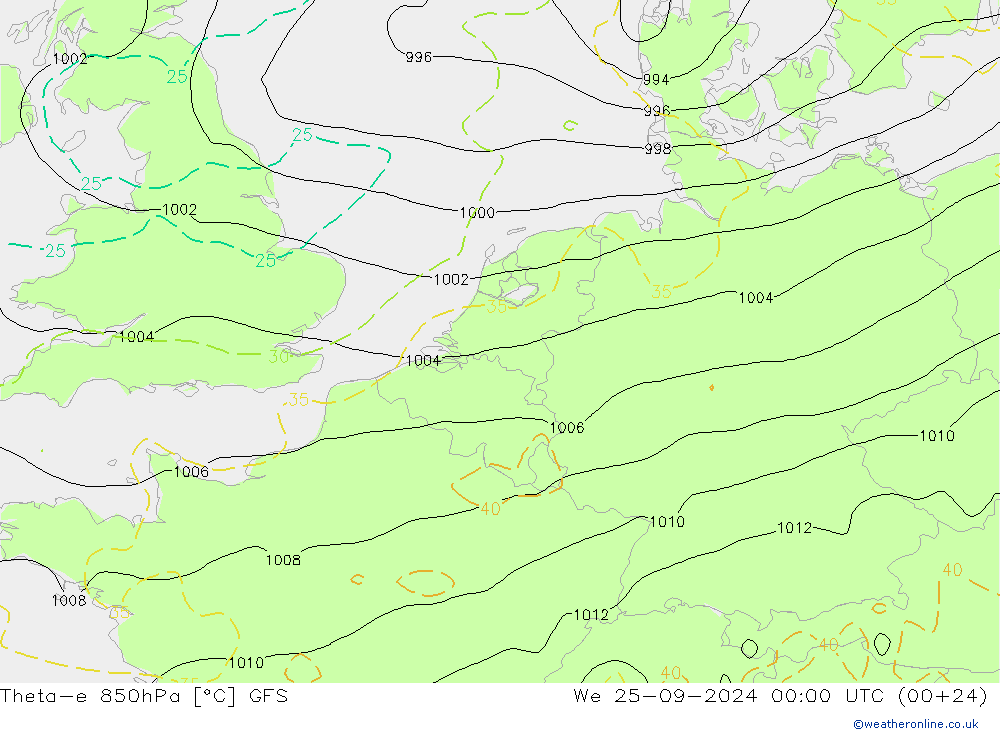 Theta-e 850hPa GFS mer 25.09.2024 00 UTC