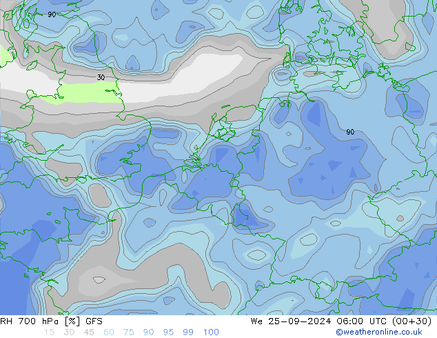 RH 700 hPa GFS We 25.09.2024 06 UTC