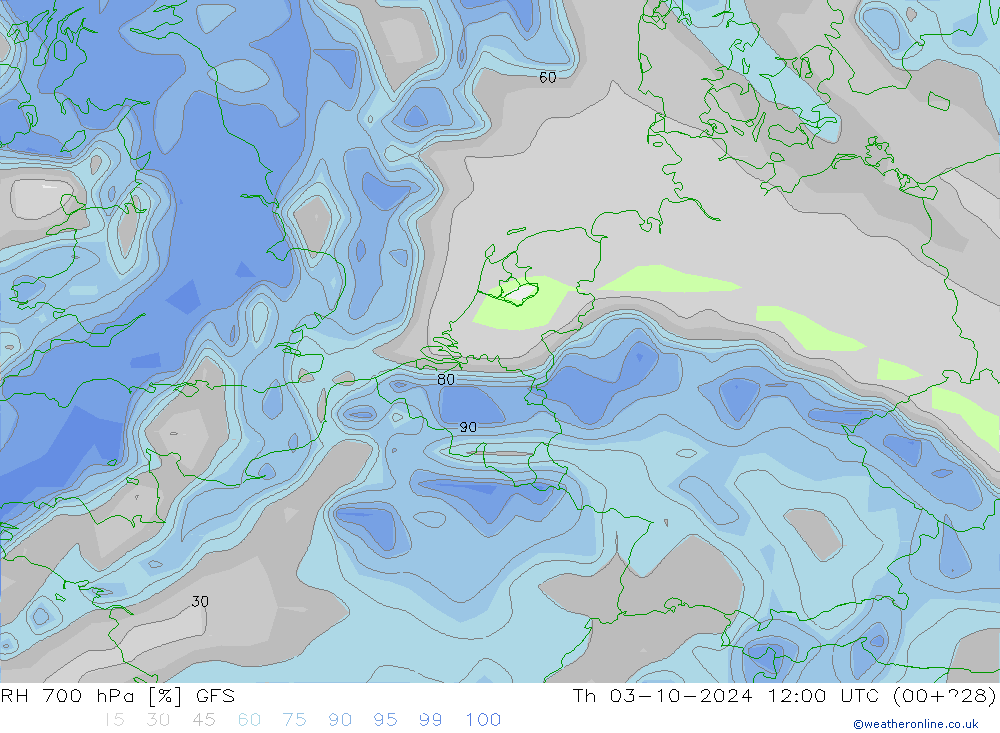 RH 700 hPa GFS Qui 03.10.2024 12 UTC