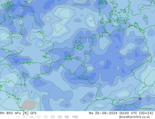 RH 850 гПа GFS ср 25.09.2024 00 UTC