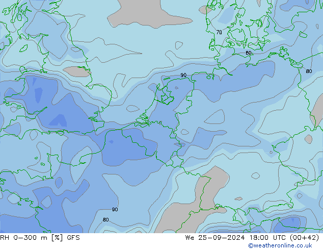 RH 0-300 m GFS śro. 25.09.2024 18 UTC