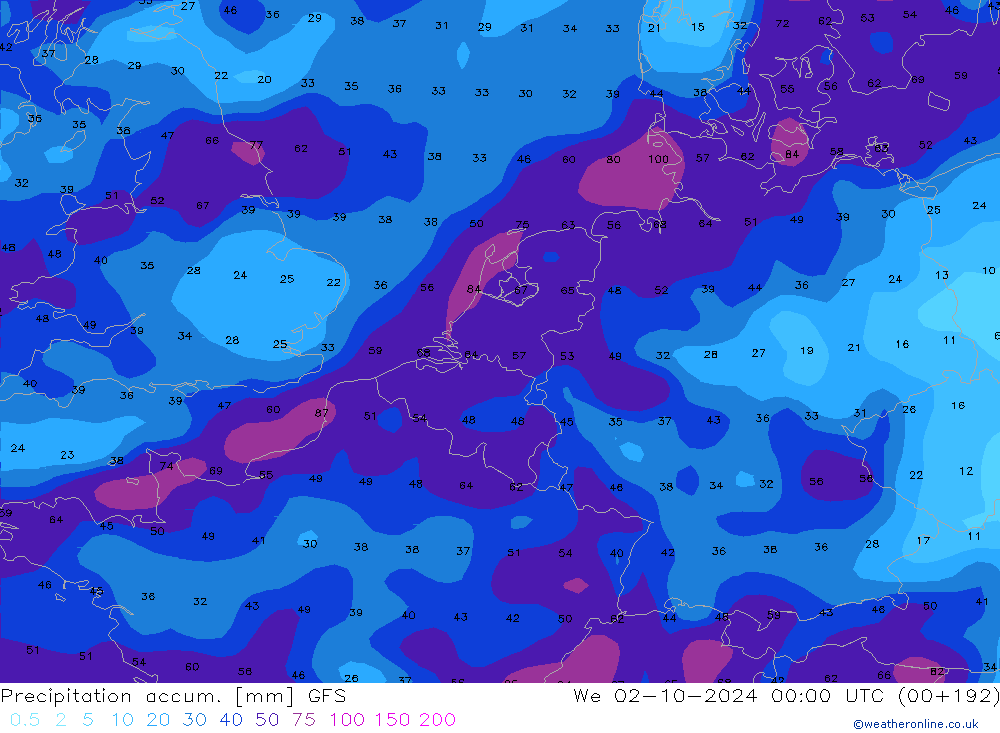 Precipitation accum. GFS mer 02.10.2024 00 UTC