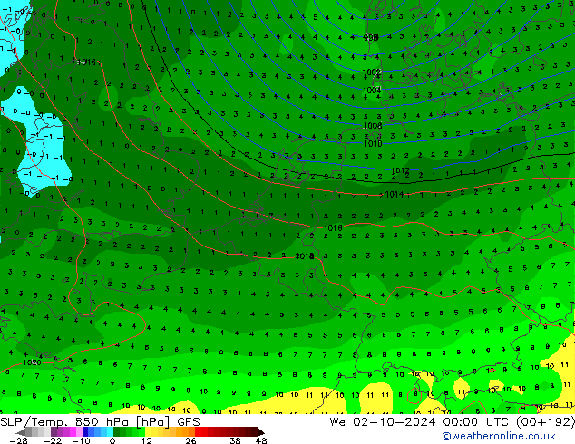 850 hPa Yer Bas./Sıc GFS Çar 02.10.2024 00 UTC