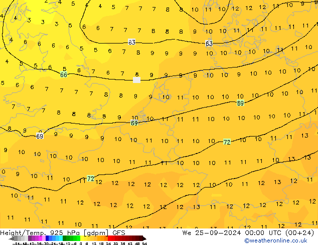 Height/Temp. 925 hPa GFS We 25.09.2024 00 UTC