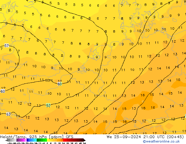 Géop./Temp. 925 hPa GFS mer 25.09.2024 21 UTC