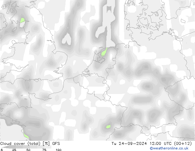 Cloud cover (total) GFS Tu 24.09.2024 12 UTC