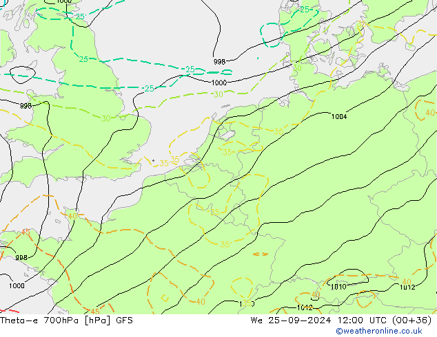 Theta-e 700hPa GFS mer 25.09.2024 12 UTC