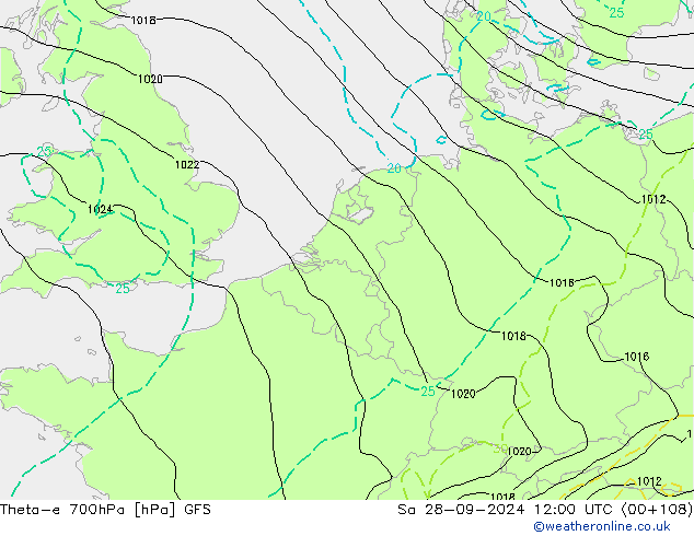 Theta-e 700hPa GFS sáb 28.09.2024 12 UTC