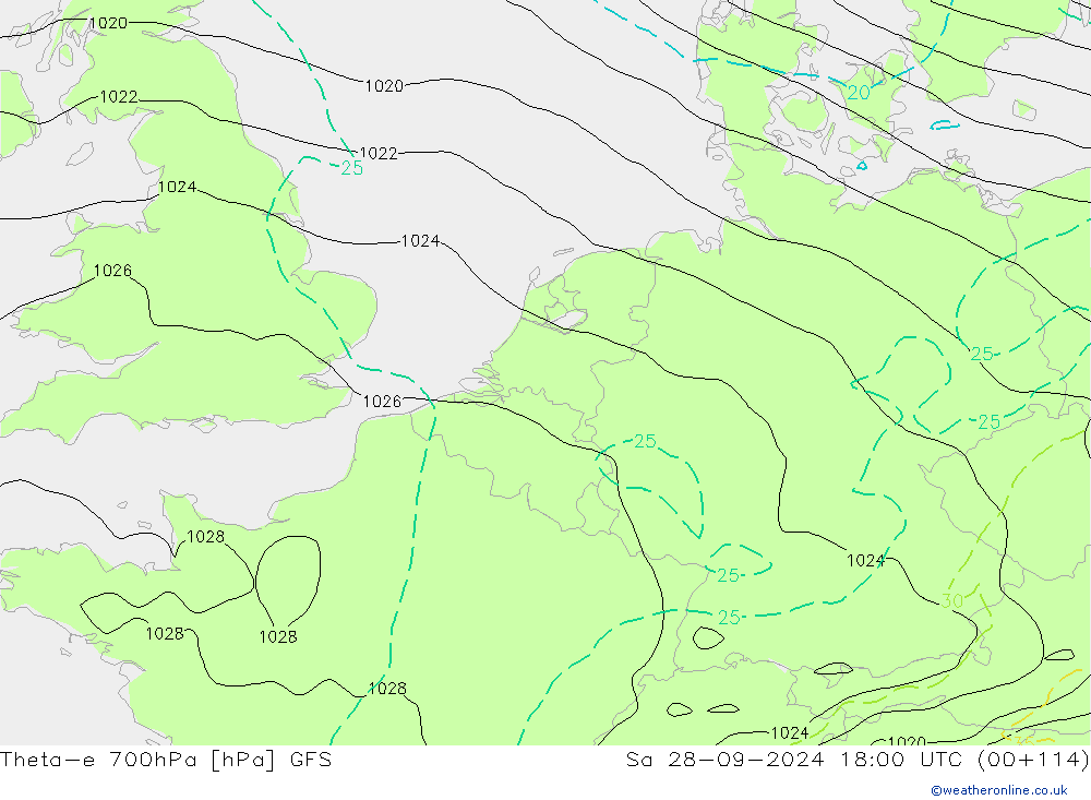 Theta-e 700hPa GFS So 28.09.2024 18 UTC