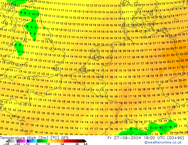 Temperature High (2m) GFS Fr 27.09.2024 18 UTC