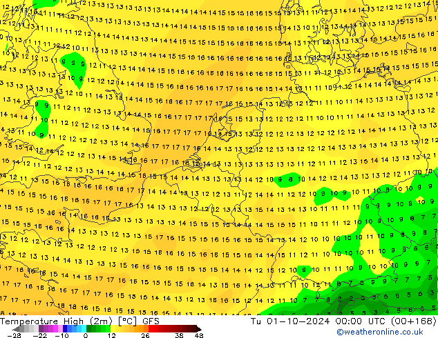 Max. Temperatura (2m) GFS wto. 01.10.2024 00 UTC