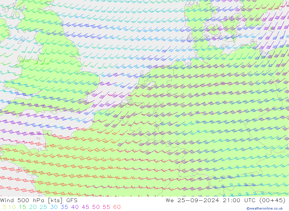 ветер 500 гПа GFS ср 25.09.2024 21 UTC