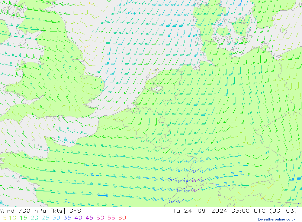 ветер 700 гПа GFS вт 24.09.2024 03 UTC