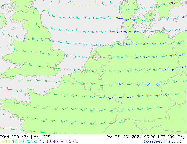 Wind 900 hPa GFS We 25.09.2024 00 UTC