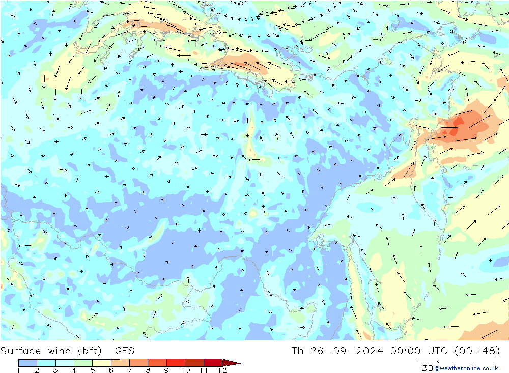 Viento 10 m (bft) GFS jue 26.09.2024 00 UTC