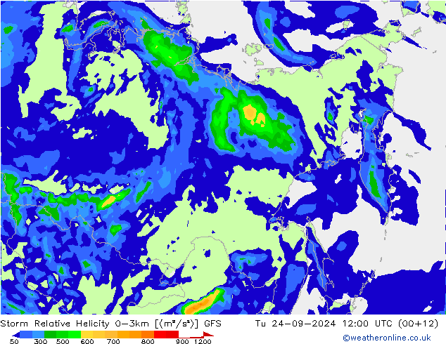 Storm Relative Helicity GFS Tu 24.09.2024 12 UTC